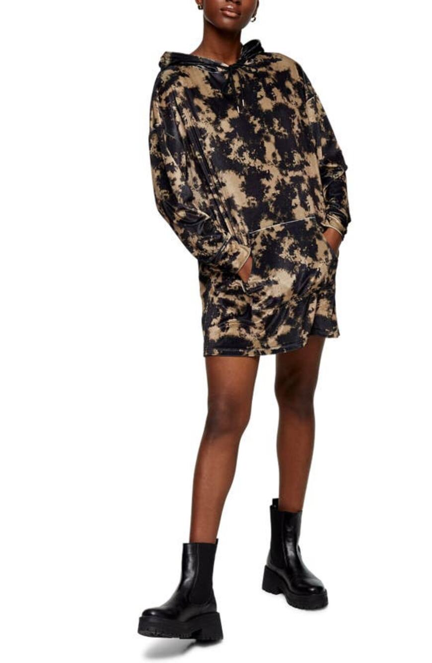 Topshop Hoodie Sweatshirt Dress Pocket Long Sleeve Abstract Tie Dye Tan/Black 8